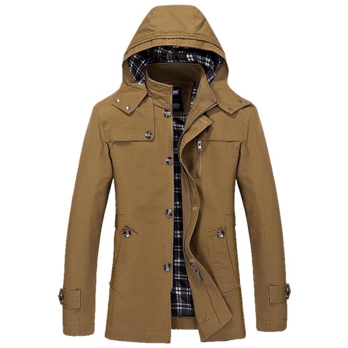 Men's Buttons Zip Hooded Casual Trench Solid Pocket Coat