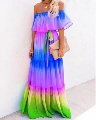 Off Shoulder Tie Dye Color Maxi Dress Elegant Chiffon Dress Belted Ruffles Maxi Evening Long Dress Beach Vacation Dresses