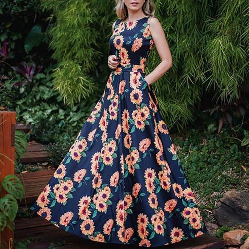 Bohemian Sleeveless Printed Colour High-Waist Dress