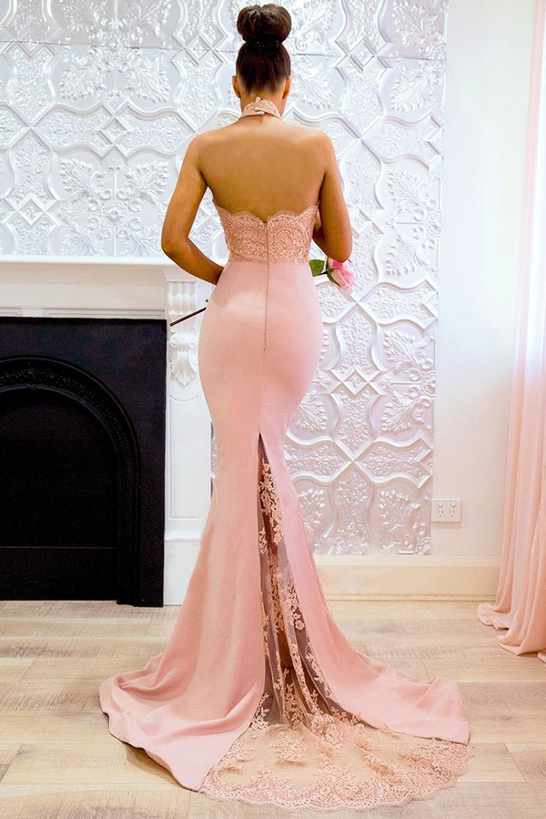 Pink Halter Neck Wedding Bodycon Maxi Dress