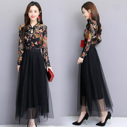 2019spring new long-sleeved ethnic style improved lace print dress female large size high quality self-cultivation elegant dress