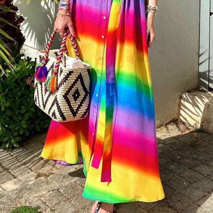 Tie-dye Vintage Gradient Rainbow Button Belted Bohemian Maxi Dress Jeans Dresses Party 2020Casual Dress