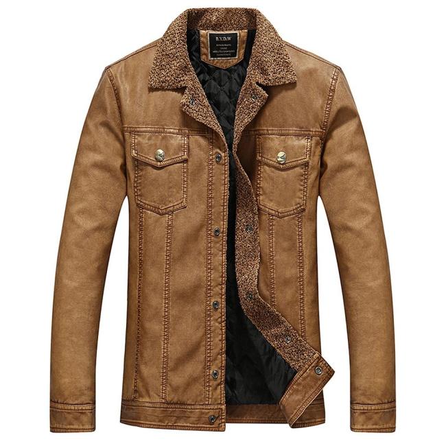 Man-made Leather Turndown Collar Men Jacket Padded Coat 7441
