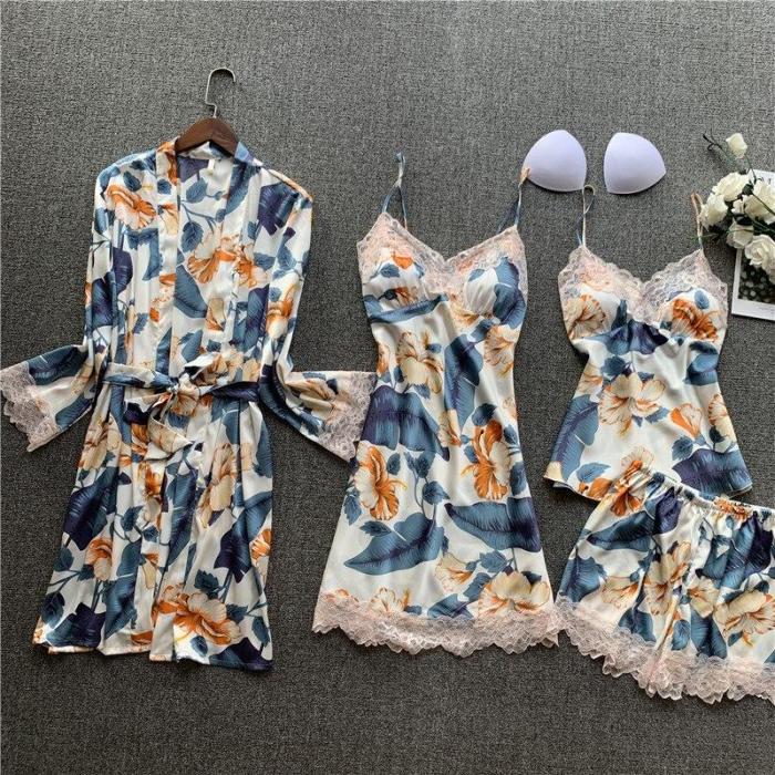 Pajama Women's Four-piece Summer Silk Sexy Halter Nightgown Dress Gown with Long Sleeves Printed for Home Wear Pijamas Dress