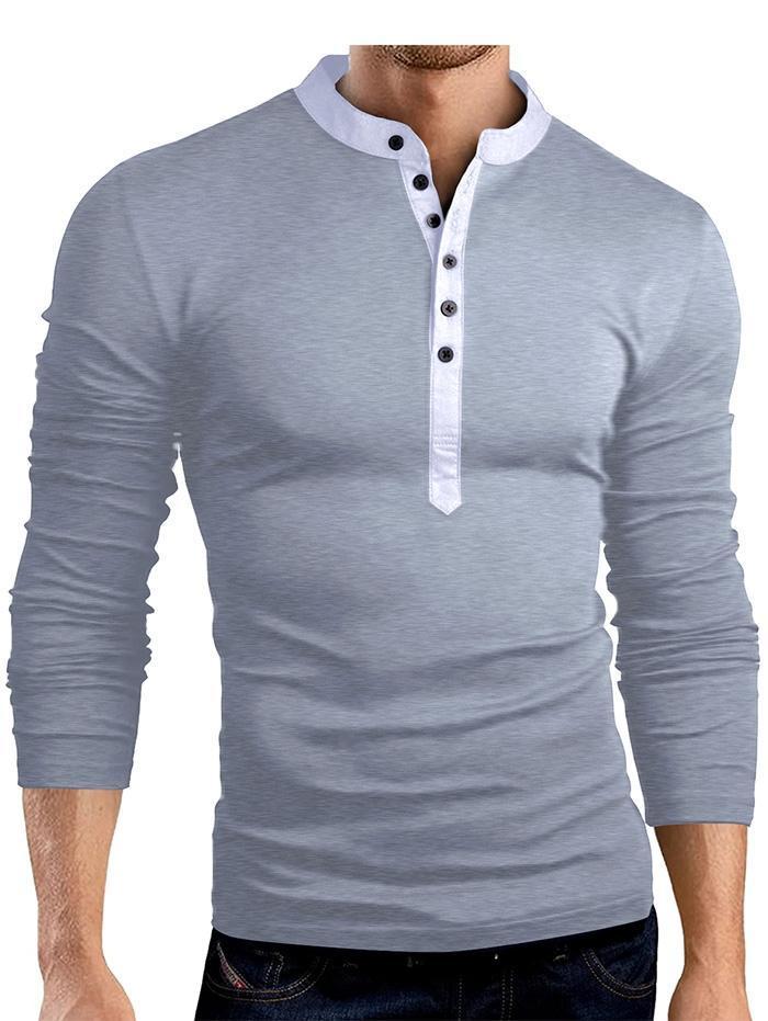 Men's Fashionable V-neck Men Solid Color T-shirt with Long Sleeves
