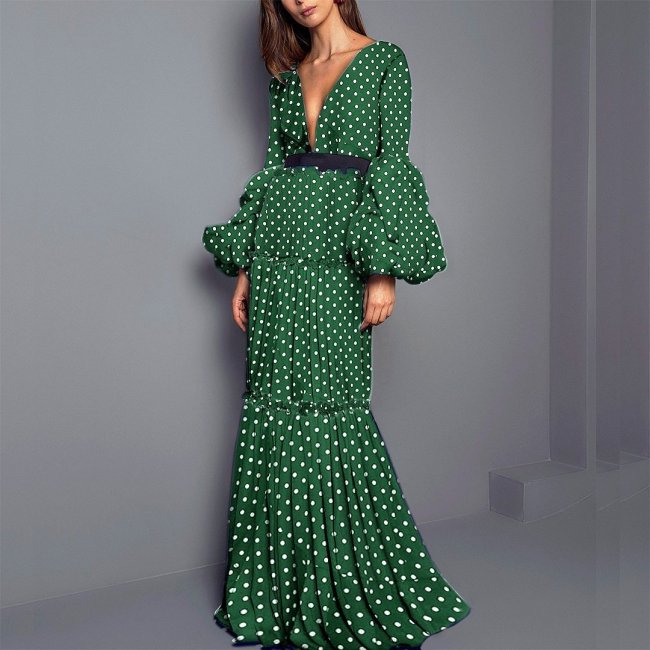 Sexy Polka Dot Split Joint Fishtail Maxi Dress Evening Dress