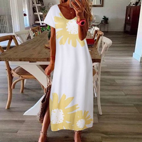 Holiday Loose O Neck Floral Print Long Dress Ladies Split Short Sleeves Beach Party Maxi Dresses