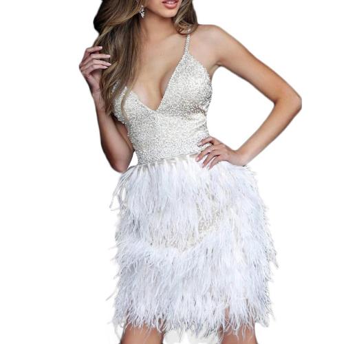 Sexy V-Neck Solid Color Beaded Sleeveless Feather Dress