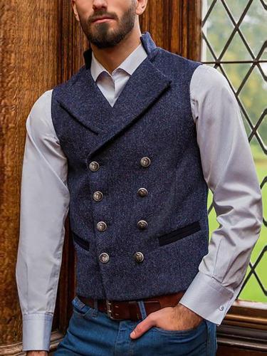 Men's British style blue lapel double-breasted wool vest