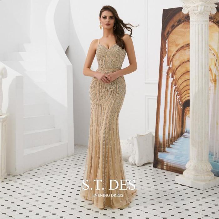 2020 S.T.DES Sexy Full Sequined Beaded Stripe Spaghetti Prom Dress  Sweetheart Sweep Train Evening Dress Woman robe de soiree
