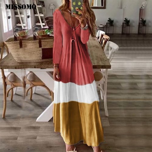 Long Sleeve V Neck Patchwork vestidos Casual  Retro Long  Maxi  Dress