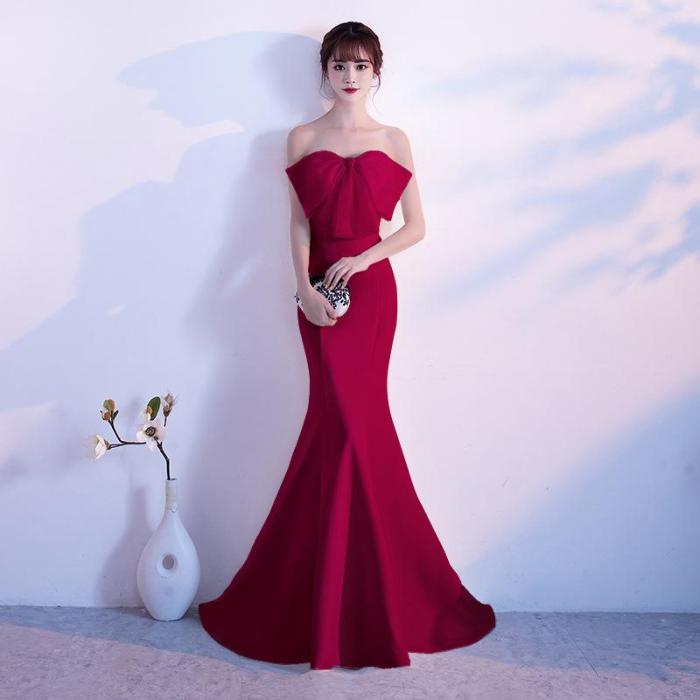 elegant bowknot Long evening dresses sexy strapless evening gowns pretty mermaid evening dress fashion delicate Formal Dress