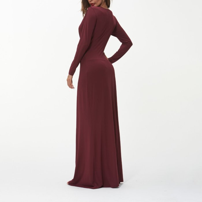 Sexy Deep-V-Neck Long Sleeves Plain Maxi Dress