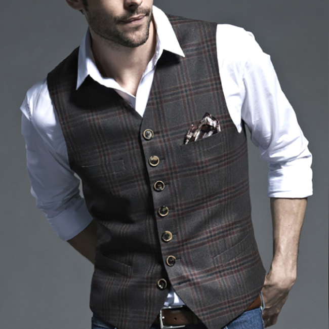 Single Breasted Checked Suit Waistcoat