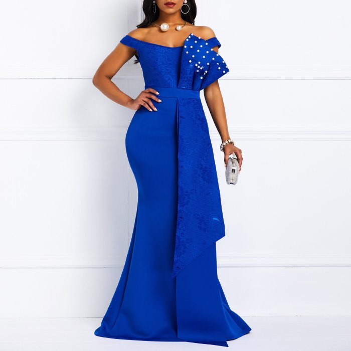 Blue Sexy Off Shoulder Evening Dress Long Luxury Mermaid Formal Party Dresses Plus Size Elegant Pleated Beads Maxi Vestidos
