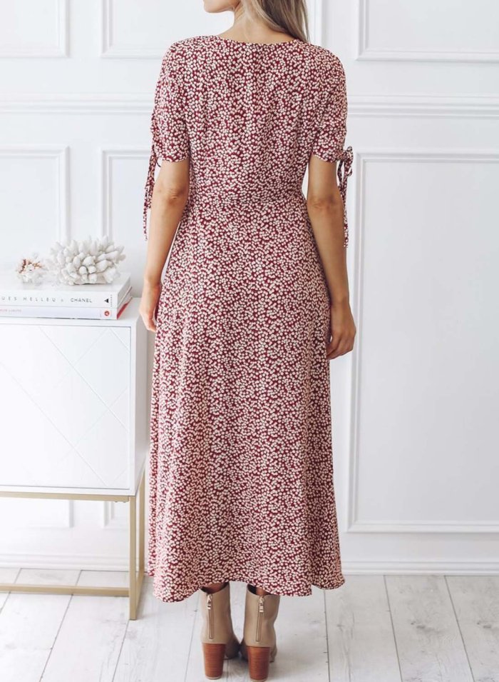 Short Sleeves V-neck Floral Maxi Dress
