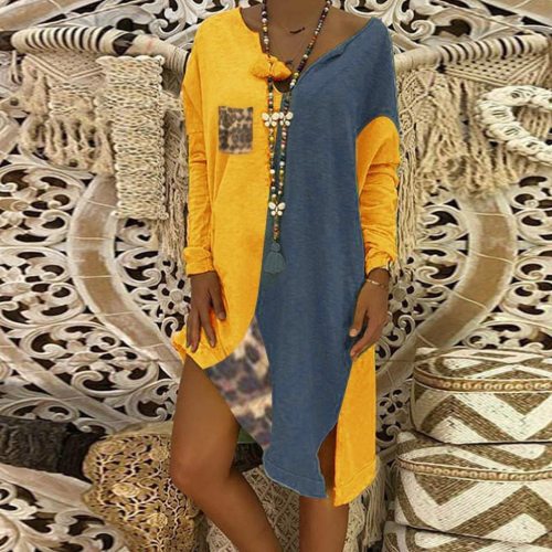 Loose Leopard Long Sleeve V-neck Summer Dress Ladies Vintage Boho Dress Bohemia Casual Dress