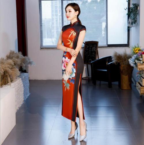 Hot Sale Traditional Chinese Women Long Dress Summer New Silk Satin Qipao Sexy Slim Printed Cheongsam Plus Size M L XL XXL XXXL