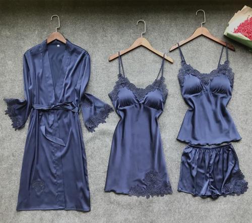 Sexy Women's Robe & Gown Sets Lace Bathrobe + Night Dress 4 Four Pieces Sleepwear Womens Sleep Set Faux Silk Robe Femme Lingerie