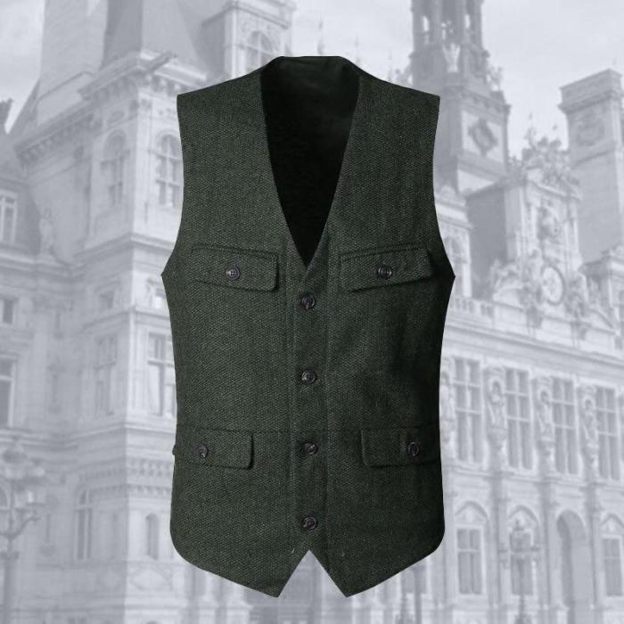 Army Green Woolen Multi-pockets Suit Vest Slim Men Military Brand Casual European Style Vest Waistcoat M127
