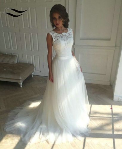 Solovedress A Line Lace Beach Wedding Dress 2019 Scoop Neck White Bridal Gown Tulle Skirt Chapel Train vestido de noiva SLD-228