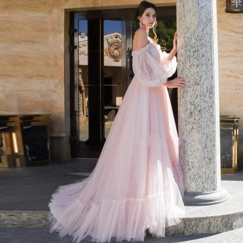 Pink Wedding Dress Fashion Off-shoulder A-Line Puff Sleeves Bride Dresses Soft Tulle Robe de Mariee Back Lace up Wedding Gown
