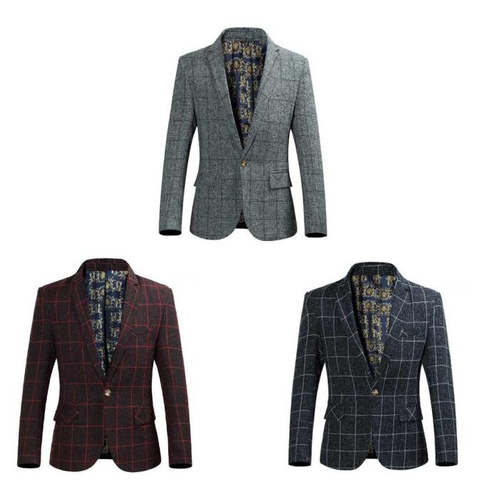 Stylish Grid Design Floral Print Inside Turn Down Collar Male Slim Fit Suit 4684