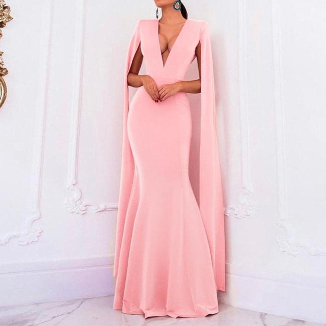 Pink Evening Dresses Sexy Elegant V Neck Long Sleeves Floor Length Long Party Formal Mermaid Evening Dress