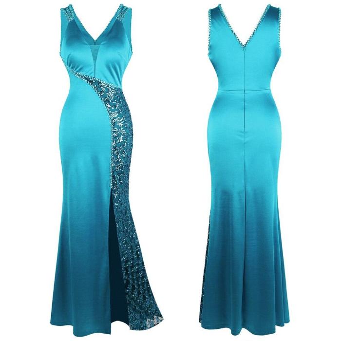 Angel-fashions Women's V Neck Beading Sequin Splicing Evening Dresses Long Formal Party Gwon  Ice-Snow Blue 463