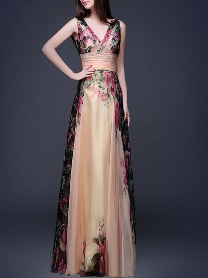 V-Neck Floral Printed Chiffon Evening Dress