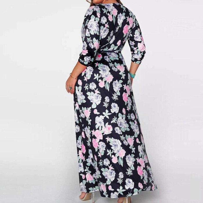 Women Plus Size Print V-Neck Long Sleeve Bandage Split Loose Maxi Long Maxi Dresses