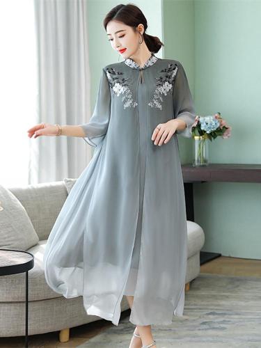 Silk dress 2020 summer new retro print fake two-piece gray vestidos large size M-4XL high quality fashion elegant Dresses