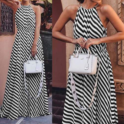 Stripe Sundress Sexy Halter Summer Casual Sleeveless Maxi Dress Bohemian Maxi Dresses