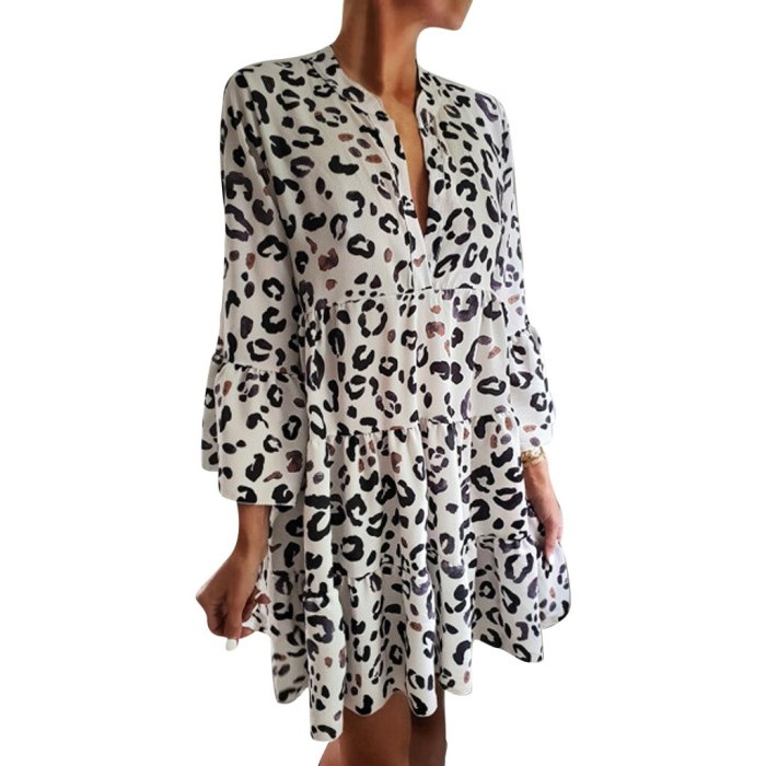 V-Neck Leopard Print Draped Mini Dress Spring Long Sleeve Ruffled Hem Flare Sleeve Mini Dress