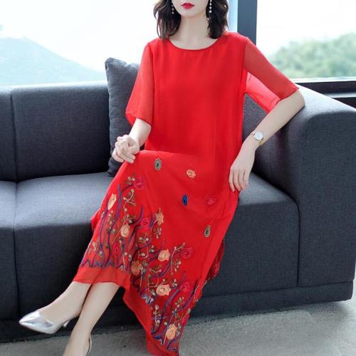 New Women Summer Silk Dress 2019 Floral Embroidery Casual Long Dress Loose Plus size Half Sleeve O-neck Elegant Female Dresses
