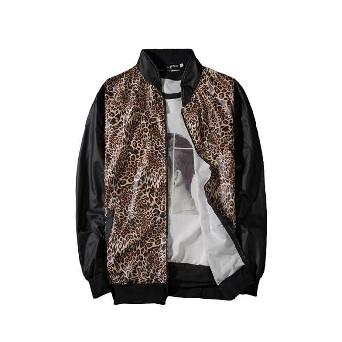 Men's Leopard Print Stand Collar Contrast Coat
