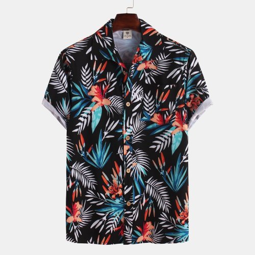 Mens Hawaiian Style Coco Leaf Flower Breathable Short Sleeve Shirts