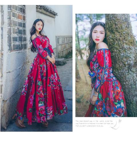 Indie Folk Style Floral Red Dress Halter Neck Off Shoulder Loose Stylish Vacation Dresses