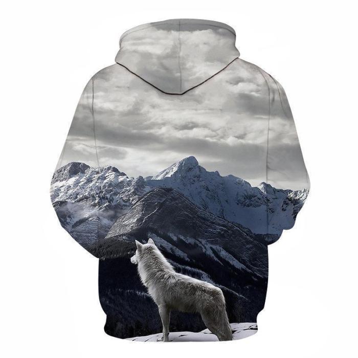 Fashion Loose Wolf Printed Hoodie With Hat