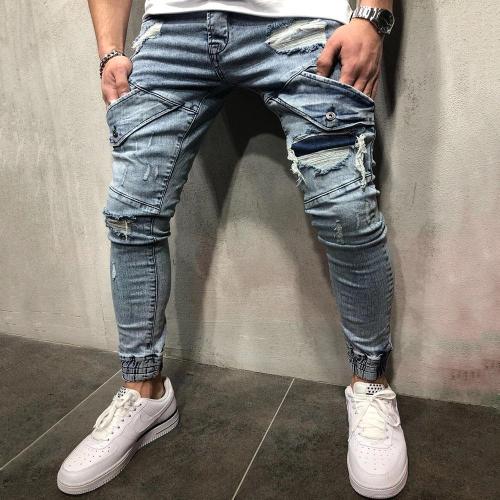 Fashion Ripped Holes Stitching Denim Pants Jeans