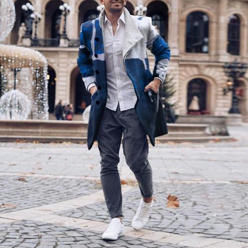 Men's Fashion Contrast Print Long Sleeve Long Coat