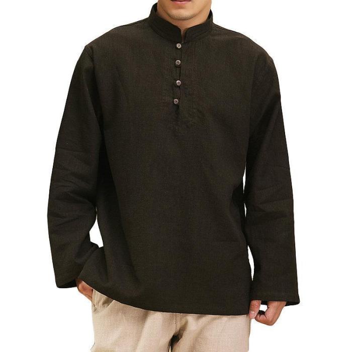 Casual Mens Cotton/Linen Solid Color Long Sleeve T Shirts
