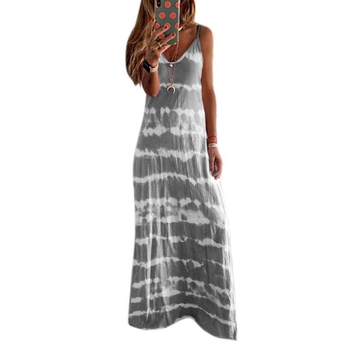 Striped Straps  Deep V Neck Floor Length Maxi Dress