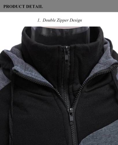 Casual Slim Fit Patchwork Double Zipper Design Long Sleeve Hoodies for Male 6935