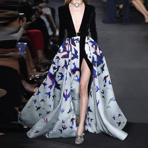 Elegant Fashion V Neck  Floral  Printed Long Sleeve  Maxi Dress Evening Dress