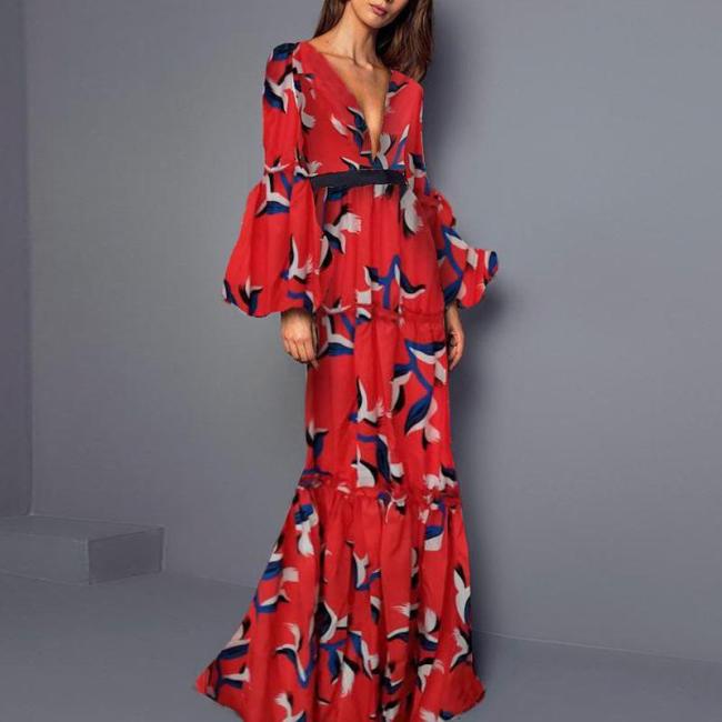 Sexy V-Neck Printed Bubble Wide-Sleeved Long Dress