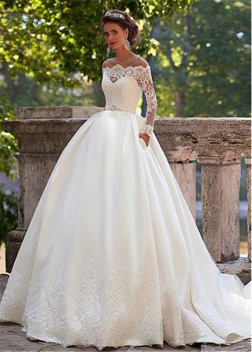 2019 New O-Neck Satin Tulle With Applique Lace Sweep Train A-line Long Sleeve Wedding Dresses With Pocket vestido de noiva