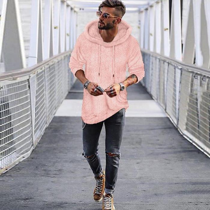 Fashion Mens Solid Color Warm Plush Sweatshirts Hoodies