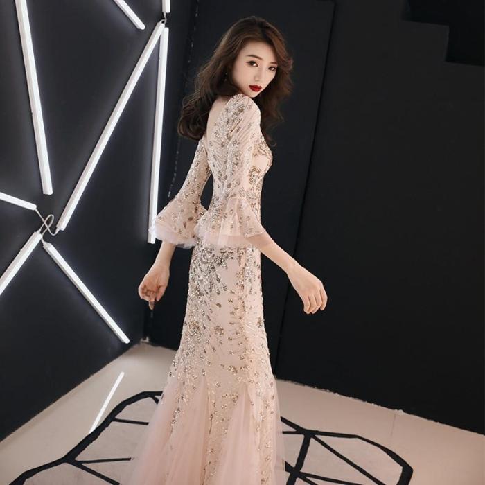 Champagne Evening Dress Gold Sequins Charming Formal Trumpet Party Gown V-neck Flare Sleeve Long Black Mermaid Prom Dresses E063