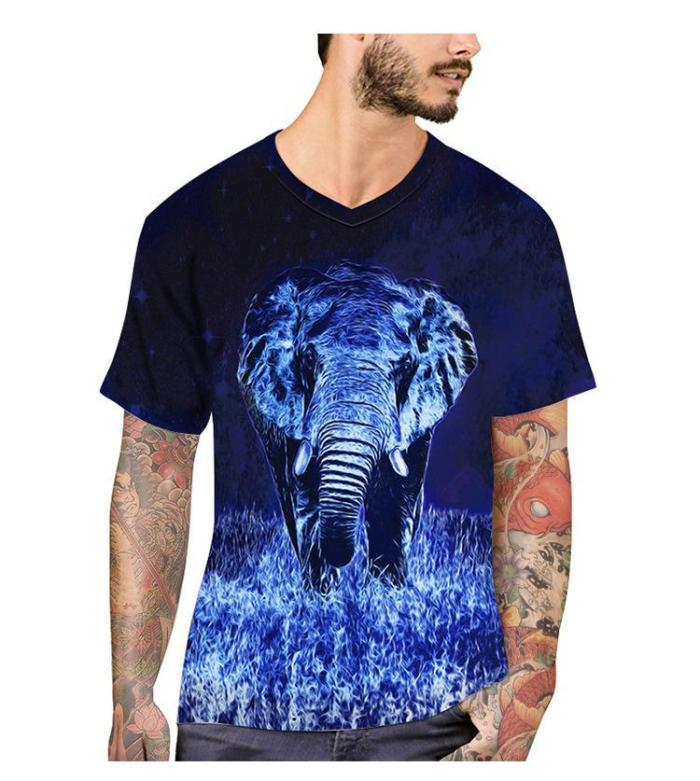 Loose V-neck 3D Elephant Print T-Shirt